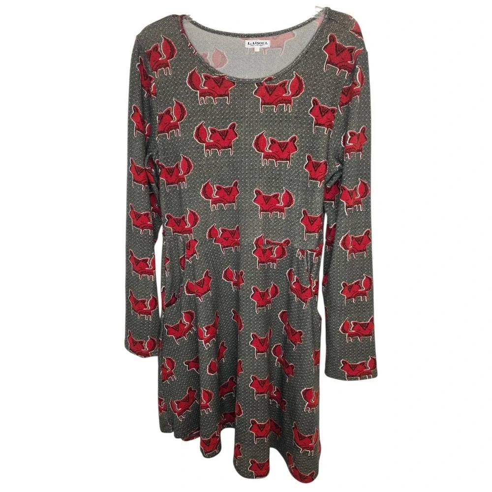 LA Soul Women's Long Sleeve Dress Red Fox Print Gray Knit Casual Large Pockets‎